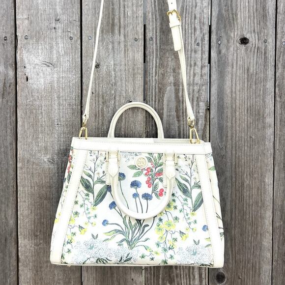 Tory Burch | Robinson Printed Canvas Triangle Tote Watercolor Botanical Print - Picture 1 of 9